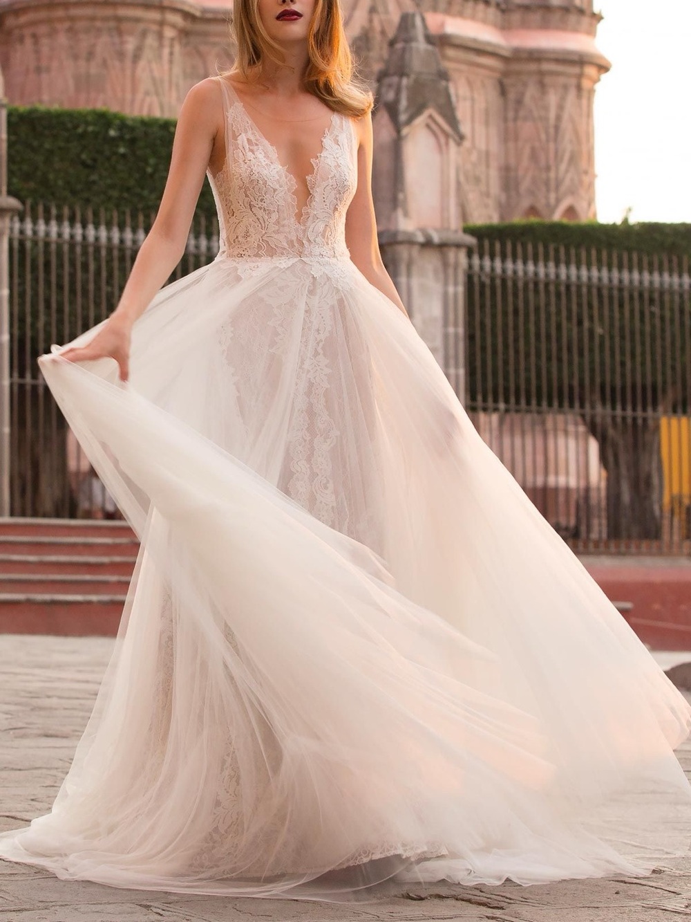 Watters Cream Lace Tulle V-Neck Wedding Gown